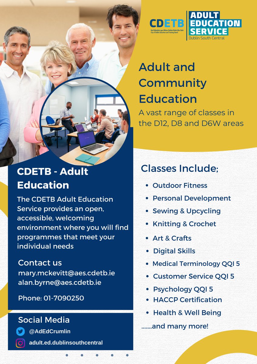 AdEdDubSouthCen's tweet photo. Learn more about who we are and the service we provide in your community at the Crumlin College open day, tommorow - Wednesday 23rd November from 10 am to 2pm. 

We are looking forward to meeting you in person!

#ThisIsFet #AdultEducation #CommunityEducation #Solas #AltText https://t.co/FqvqkvKSkb