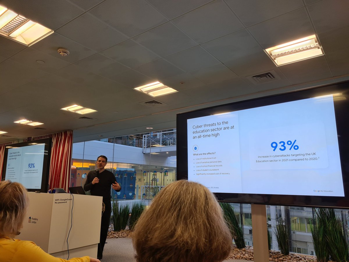 C_learning_net's tweet photo. What a great start to the #FEGoogle2022 learning all things @GoogleForEdu prevention is better than cure from @simonfasolo #securelearning #googleclassroom https://t.co/MqS1xT1HMy