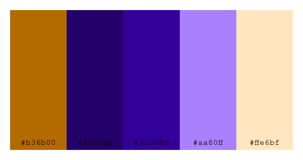 ColPaletteBot's tweet photo. Beep beep, here's a pretty color palette for you!
color-scheme.js parameters used:
- hue: 270
- variation: default
- colors: #b36b00, #24006b, #330099, #aa80ff, #ffe6bf
Have a lovely day!
#twitterbot #colorpalette #colors #palette #prettycolors https://t.co/k2GfvYh27A