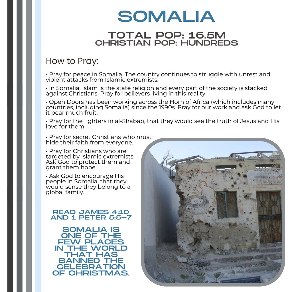 WePray40's tweet photo. Today we are praying for persecuted nation number 3, Somalia.

Pray that Jesus will break down the barrier of pride and status and replace it with humility.

Read James 4:10 and 1 Peter 5:5-7.

⁠All photos and info came from Open Doors USA. https://t.co/dq5LdM4mhZ