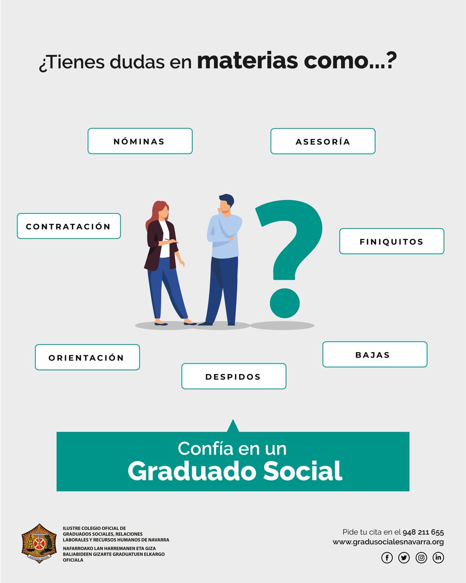 Confía en un Graduado Social.

Campaña realizada por el <a href="/GsNavarra/">Colegio Oficial de Graduados Sociales de Navarra</a> que pone en valor la labor del #GraduadoSocial. Experto profesional en relaciones laborales, economía laboral y de la empresa, RRHH y organización del trabajo. 

ℹ Más info gradusocialesnavarra.org