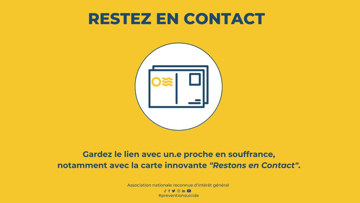 DitesJeSuisLa's tweet photo. Vous êtes avec un proche en souffrance ?
La carte "Restons en Contact" est un outil innovant permettant de garder le lien avec lui et/ou elle ! 💛
👉 Pour en savoir plus : https://t.co/I5Yg6yDrG7
#ditesjesuisla #enparlerpeuttoutchanger #preventionsuicide #restonsencontact https://t.co/LaskENj8ou