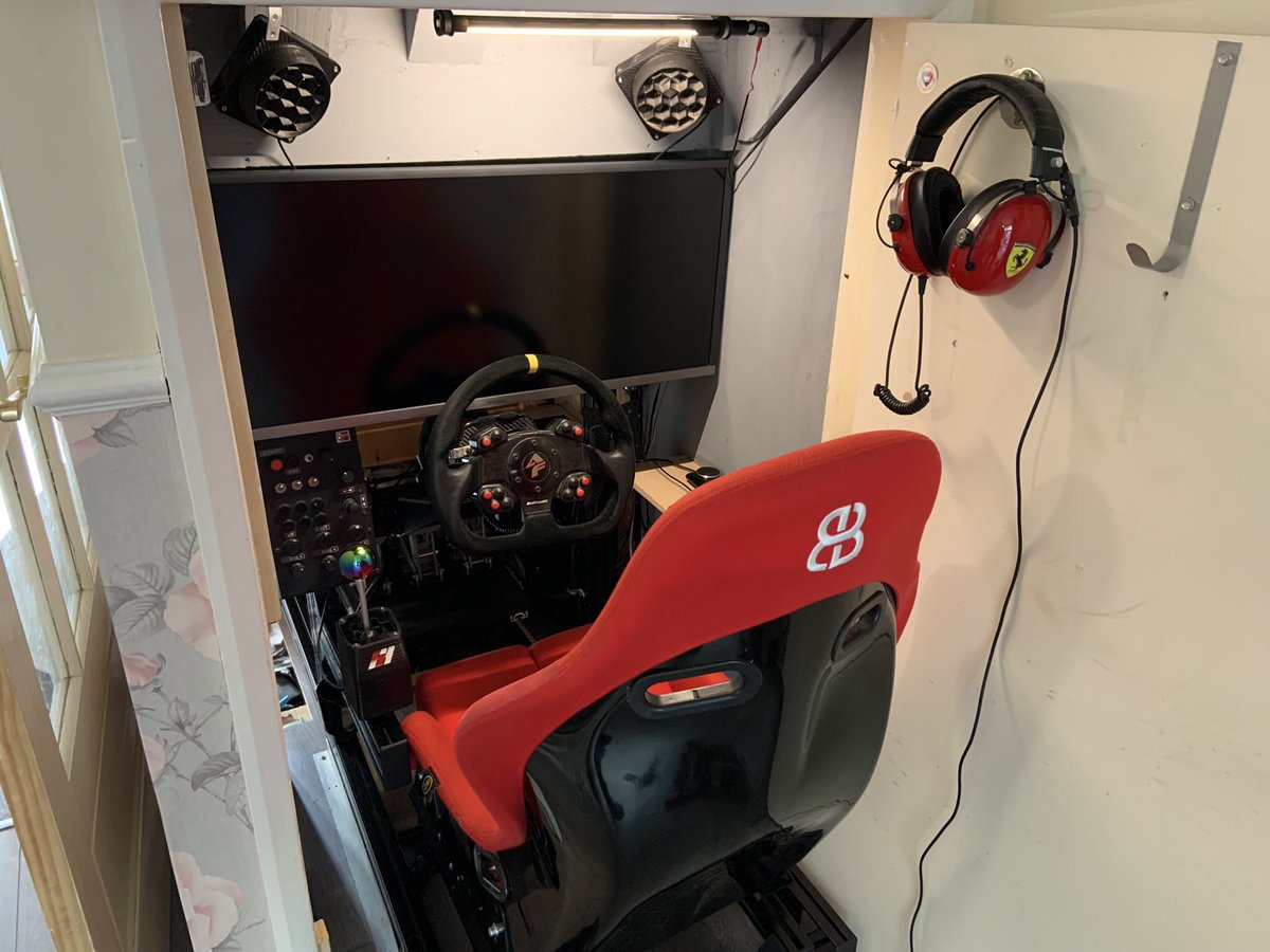 Rig_Racer's tweet photo. We are now reaching the final stage in my #simrig setup and it’s what I now use for my #Simracing I swapped out my DIY wooden rig for a #simlabs GT1 EVO and a rather bright bucket seat ! With the sim cupboard now painted I think it’s time to stop tweaking, maybe 🤔 https://t.co/SylYIppyW4