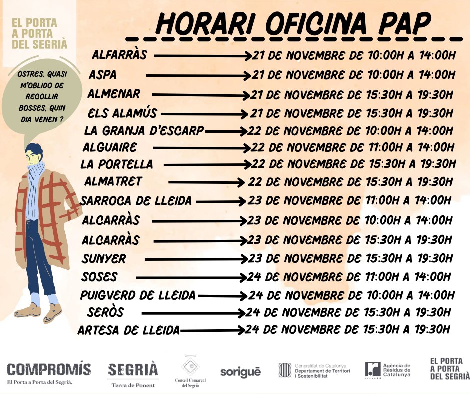 segriapap's tweet photo. Recordem els horaris d’oficina del porta a porta d'aquesta setmana.
Per més informació consulteu el nostre web https://t.co/REPCBwcqX0
#ObjectiuRezero #CCSegria #Segriaresidus #TerradePonent #Lleida #Sostenibilitat #Reciclatge https://t.co/7qU2OwuHQl