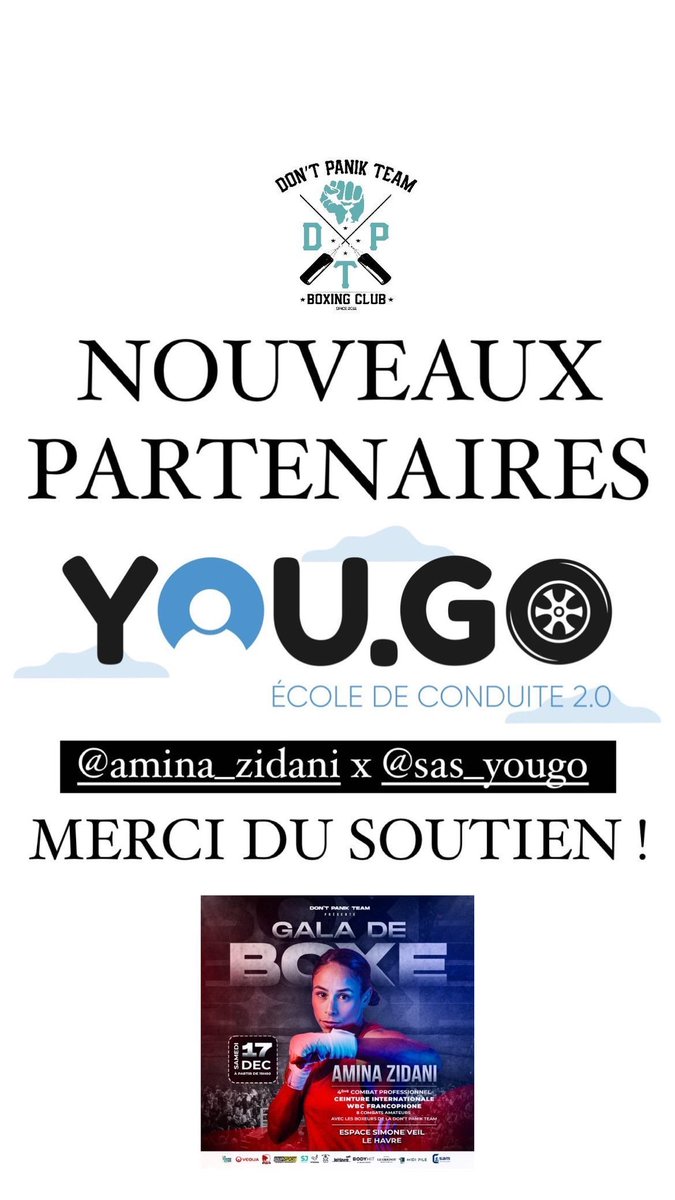 sas_yougo's tweet photo. [ NOUVEAUX PARTENAIRES 🏆] nous sommes ravies et fières de vous annoncer notre partenariat avec #dontpanikteam 🥊 pour supporter notre boxeuse Havraise #aminazidani 🤼‍♀️ https://t.co/kqqUTsZ4eI