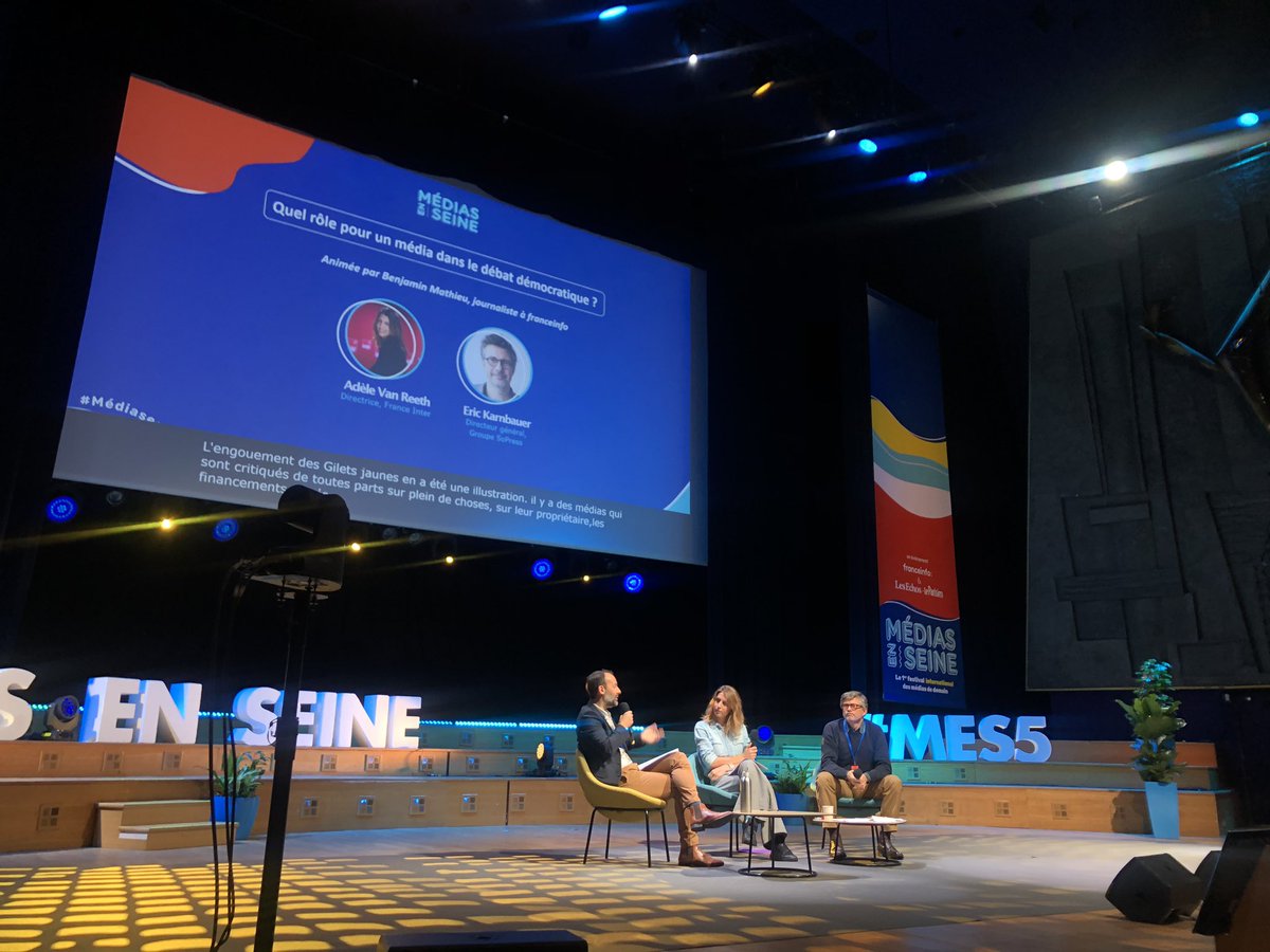 gaelhamayon's tweet photo. #Conference 🎙 « Quel rôle pour un média dans le débat démocratique ? » animée par @BenjMathieu avec @AdeleVanReeth, Directrice de @FranceInter & Eric Karnbauer, Directeur général, Groupe SoPress #MES5 #MediasEnSeine 🗞 📻 https://t.co/q5O6yRfUDB