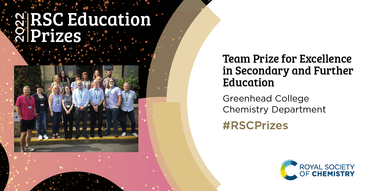 RoySocChem's tweet photo. @GC_Chemistry wins @RoySocChem Team Prize for Excellence in Secondary and Further Education for enhancing and enriching students' learning with high-quality chemistry education and effective outreach. Congratulations! https://t.co/R0bwFoiEZG #RSCPrizes #Education https://t.co/sFubFjBqOl