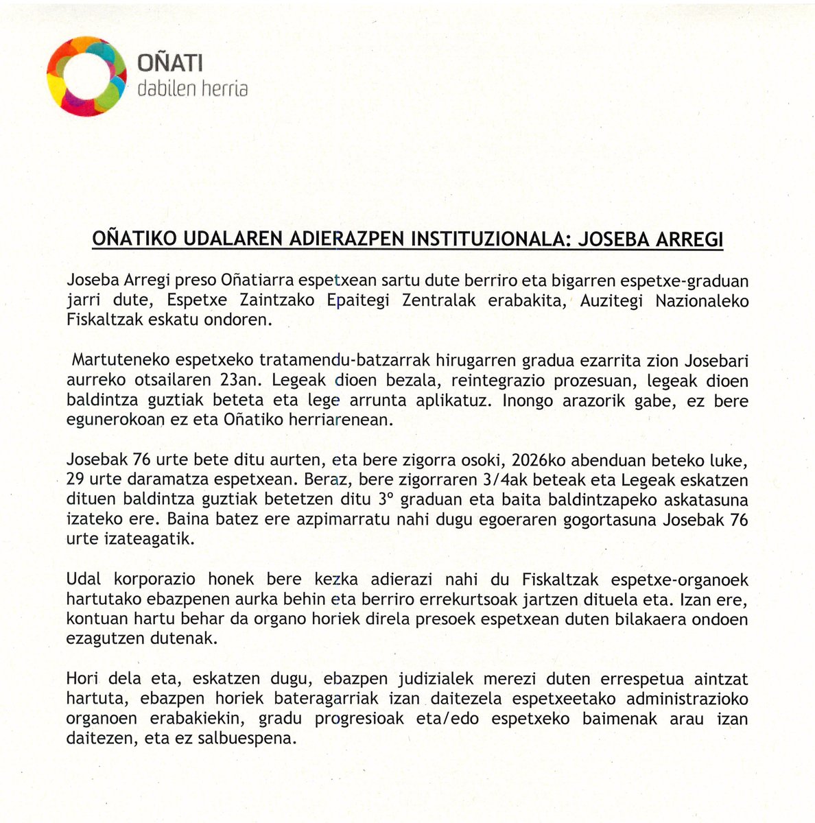 ElorzaIzaro's tweet photo. Joseba Arregi preso oñatiarra espetxean sartu dute berriro, hirugarren gradua bertan behera utzita.

76 urte ditu, 29 urte daroatza preso, beteak ditu zigorraren 3/4ak, hirugarren gradurako baldintza guztiak betetzen ditu...

Oñatiko udalbatzak aho batez onartu du adierazpena👇 https://t.co/a5h6IV8Hn7