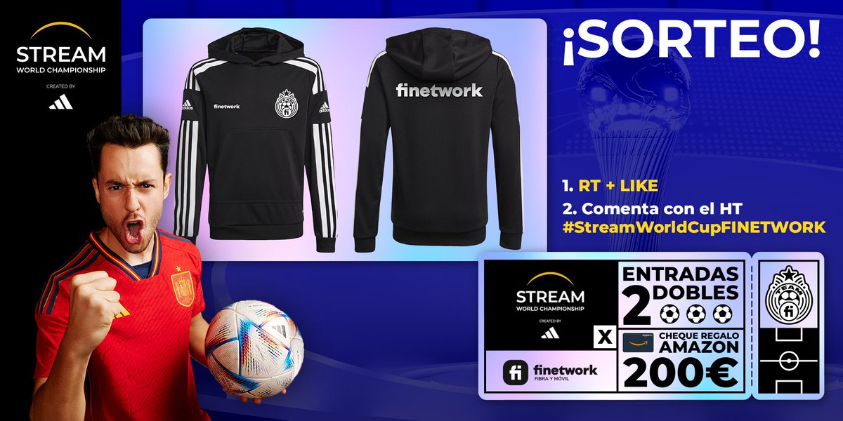 finetwork's tweet photo. 🔥 SORTEO 🔥 CHEQUES DE AMAZON DE 50€ CADA HORA 🕒+ 2 PACKS DE "ENTRADA DOBLE + 2 SUDADERAS" PARA EL STREAM WORLD CUP DE @TheGrefg y @adidas_ES

50€ CADA HORA de 12h a 16h y a las 18h sorteo de los 2 packs

1. RT y sigue @Finetwork
2. Comenta con el HT #StreamWorldCupFinetwork https://t.co/80uq9De4Es