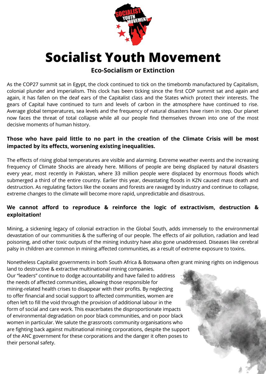 SocialistYM's tweet photo. ECO-SOCIALISM OR EXTINCTION:
SYM statement on today's march for jobs, clean energy and climate justice✊🏿✊🏾
#MarchForClimateJustice https://t.co/vTX1y8nKWs