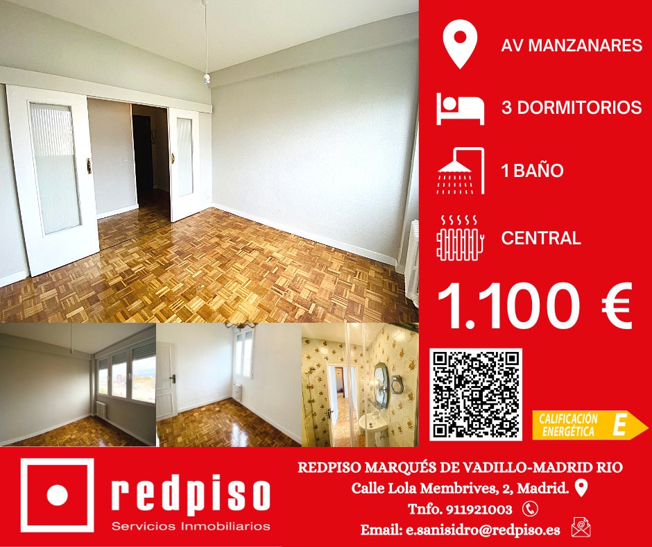 ¡Redpiso Marqués de Vadillo alquila piso en Avenida Manzanares! 
La vivienda cuenta con 68 m2 construidos y consta de 3 dormitorios, 1 baño, salón amplio y terraza.
-¡No dudes en venir a visitarlo, contáctanos sin compromiso!
📧 e.sanisidro@redpiso.es
☎️ 9111921003