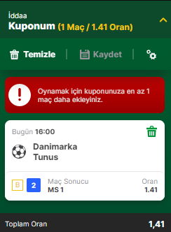 Turnuvanın gizli favorilerinden olan Danimarka, zayıf rakibi Tunus karşısında galibiyete rahat ulaşacaktır.

#Qatar2022  #WorldCup #dunyakupasi #iddaa #bahis #bahistahmin #Danimarka #Tunus