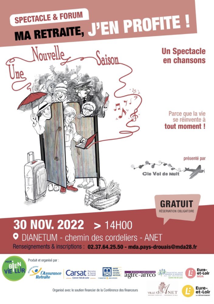 « Ma retraite, j’en profite »

🗓30 novembre 2022 à 14h

📍Anet, Dianetum, chemin des cordeliers

Avec spectacle en chansons 🎶 et forum

✅Gratuit et réservation obligatoire

#MSA #Beaucecoeurdeloire