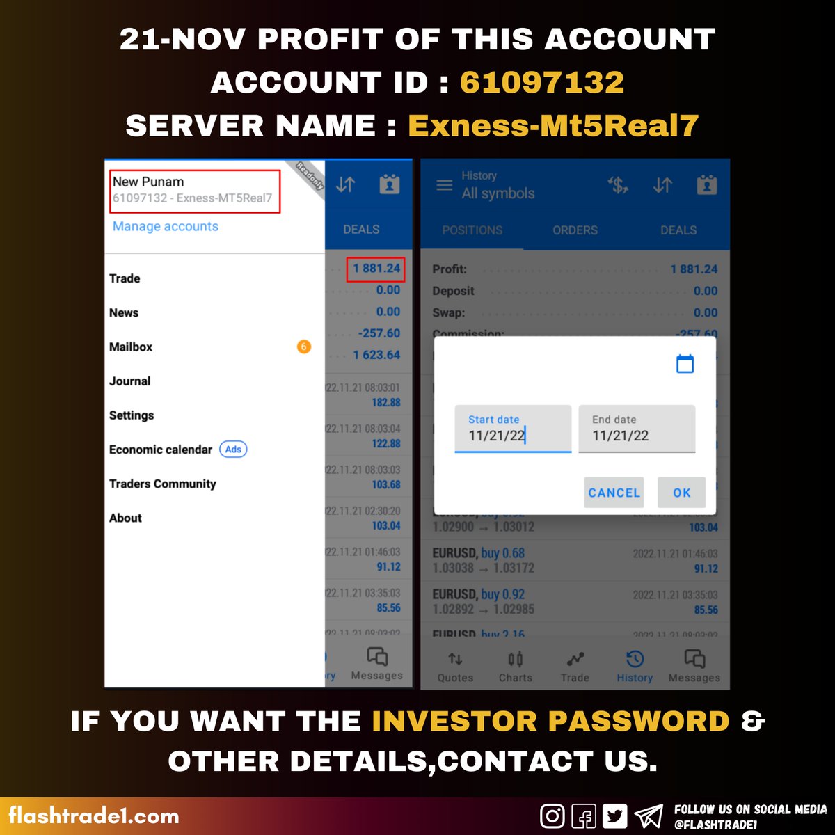MichaelLeask4's tweet photo. 1881 USD profit booked in one day 
Account number: 61097132 
Server Name: Exness-Mt5Real7
Total balance now: 14582 USD
Total profit: 2591 USD 
Trading started: 14-11-22 
If  you want some account strategy for trading then contact us 
#forextrade1 #forextrading #forex #Indicator https://t.co/JTYsdDFPax