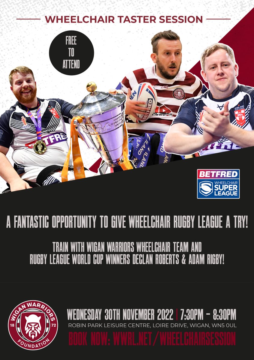 WiganWarriorsCF's tweet photo. ♿ 𝙒𝙝𝙚𝙚𝙡𝙘𝙝𝙖𝙞𝙧 𝙩𝙖𝙨𝙩𝙚𝙧 𝙨𝙚𝙨𝙨𝙞𝙤𝙣

🏉 Join the @WiganWarriorsRL team along with @RLWC2021 winners @DecRoberts1997 and @riggers92 for a 𝗙𝗥𝗘𝗘 taster session!

▪️ Wednesday 30th November, 7:30-8:30pm.
🔗 Book here 👉 https://t.co/QjUNhsHJ2D

#WWRL https://t.co/3QsLFiDK5q