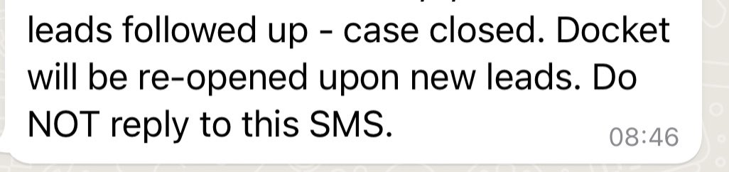lipolelo13's tweet photo. A friend was gang raped in a taxi. The taxi is identified, owner refuses to say who was driving the car on that day. Police leaves it at that. Weeks later, she gets this sms. Case closed. The owner of the car was not part of the rape. But refuses to name the driver 🤬😡🤬😡 Jooo! https://t.co/55T47vobA9