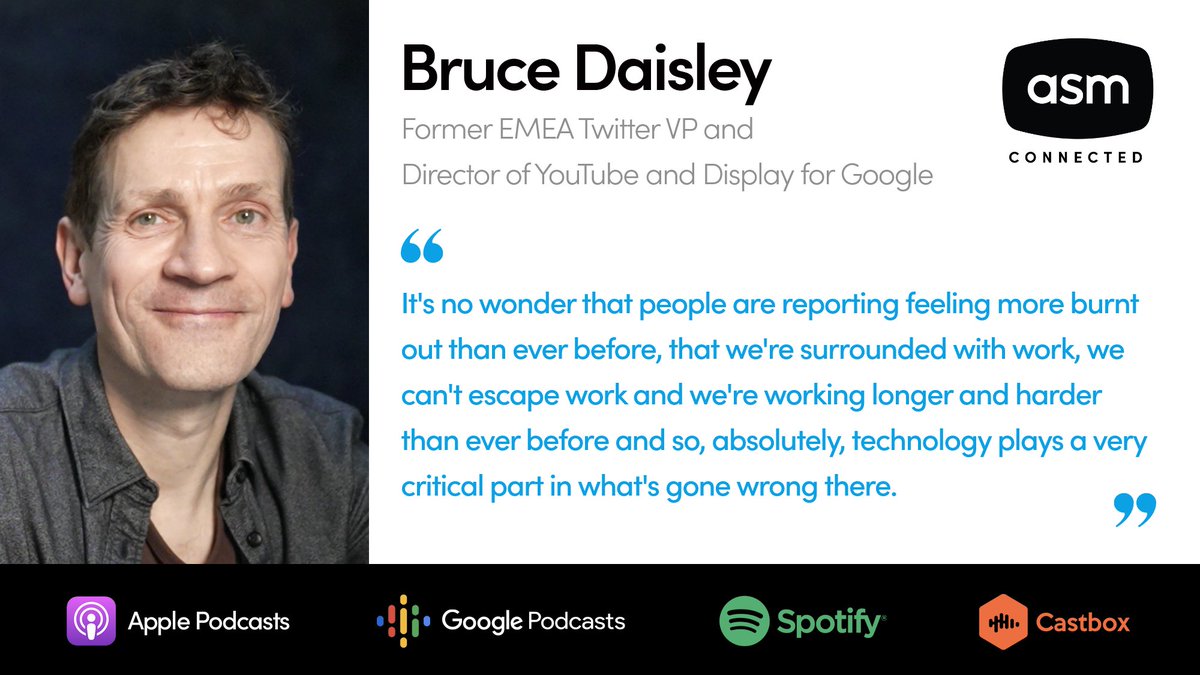 ASMTechnologies's tweet image. In episode 3 of #ASMConnected, ex EMEA Twitter VP and Director of YouTube and Display at Google @brucedaisley discusses why people are reporting feeling more burnt out than ever &amp;amp; whether #technology contributes to the problem or helps solve it: s.asmtech.com/bruce-daisley