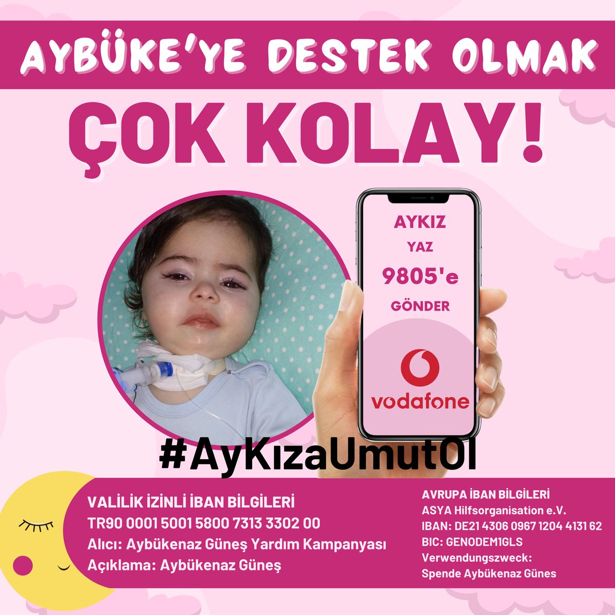 @aybukenazyasasn @ZeydanKaralar01 Bugün Aykiz bebeğimize bir çay bir kahve bir çikolata bir süt bir şeker ısmarlarmısın 
Evet diyorsun çünkü bir bebeği mutlu etmek istersin 
Nasıl mı 
9805 AYKIZ (20₺) 🔖 sms atman yeterli 
Bu atığın sms bebeğimizi hem mutlu edecek hemde nefes olucak 
Haydi 9805 AYKIZ yaz yola