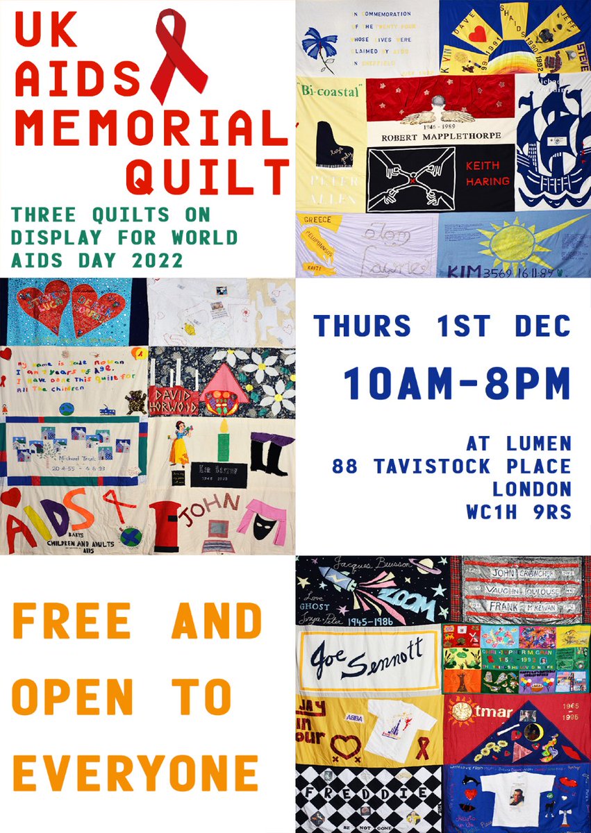 The Food Chain (@thefoodchain) on Twitter photo A chance to view three of the #aidsquiltuk panels in Bloomsbury this #WorldAIDSDay - drop in between 10am and 8pm.
<a href="/THTorguk/">Terrence Higgins Trust</a> <a href="/GeorgeHouseTrst/">George House Trust</a> <a href="/positiveeast/">Positive East</a> <a href="/WaverleyCare/">Waverley Care</a> <a href="/Positively_UK/">Positively UK</a> <a href="/SahirHouse/">Sahir House</a> A chance to view three of the #aidsquiltuk panels in Bloomsbury this #WorldAIDSDay - drop in between 10am and 8pm.
<a href="/THTorguk/">Terrence Higgins Trust</a> <a href="/GeorgeHouseTrst/">George House Trust</a> <a href="/positiveeast/">Positive East</a> <a href="/WaverleyCare/">Waverley Care</a> <a href="/Positively_UK/">Positively UK</a> <a href="/SahirHouse/">Sahir House</a>