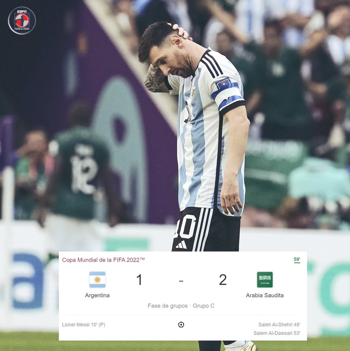 ESPN_FDJ's tweet photo. Después de 60 minutos.

Argentina 1-2 Arabia Saudita.

Ver para creer.

#Qatar2022 https://t.co/PYNqcrVwYc
