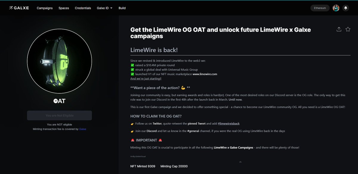 HaznCrypto's tweet photo. Get the LimeWire OG OAT and unlock future LimeWire x Galxe campaigns
HOW TO CLAIM THE OG OAT?
Link Claim OAT: https://t.co/V8yDgWNPRH
👉Follow Twitter, quote-retweet
👉 Join Discord: https://t.co/GZAjXHAEo5
#AzLab #AzLabCapital #VentureCapital #BTC #limewireisback https://t.co/ugRXqnVdLV