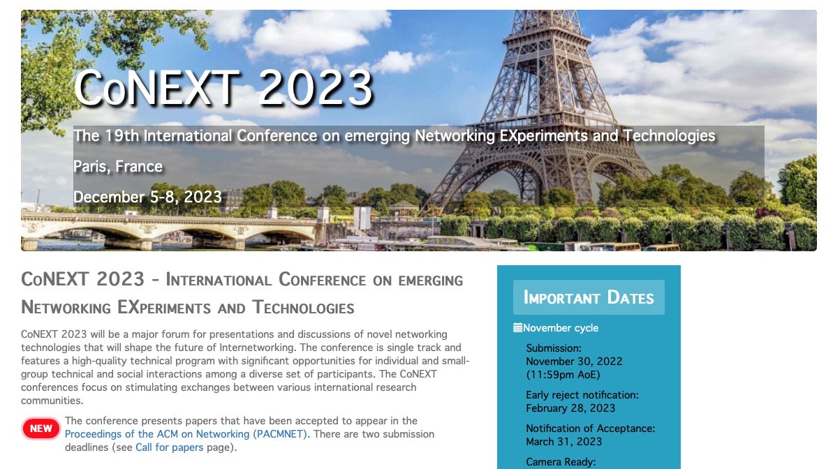 Olivier Bonaventure (@obonaventure) on Twitter photo Submission deadline for <a href="/ACMSIGCOMM/">ACM SIGCOMM</a> CoNEXT’23 november cycle : November 30th. Still a few days to finalise your networking papers. Accepted papers will appear in Proceedings of the ACM on Networking (PACMNET) and be presented at CoNEXT’23 in Paris. conferences.sigcomm.org/co-next/2023/#… Submission deadline for <a href="/ACMSIGCOMM/">ACM SIGCOMM</a> CoNEXT’23 november cycle : November 30th. Still a few days to finalise your networking papers. Accepted papers will appear in Proceedings of the ACM on Networking (PACMNET) and be presented at CoNEXT’23 in Paris. conferences.sigcomm.org/co-next/2023/#…