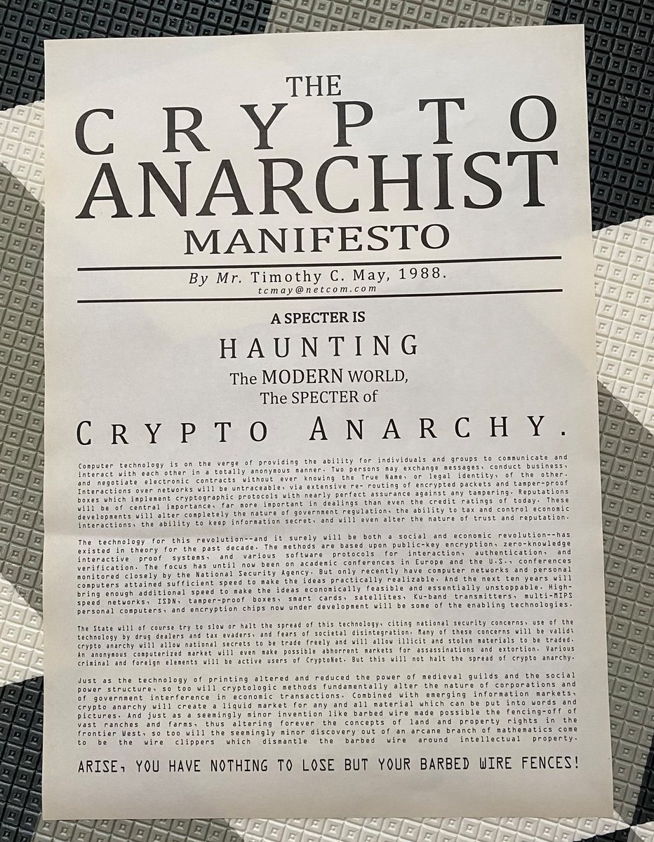 ✨ Exactly 30 years ago, cypherpunk legend Tim May publishes the Crypto  Anarchist Manifesto A key inspiration for #Bitcoin