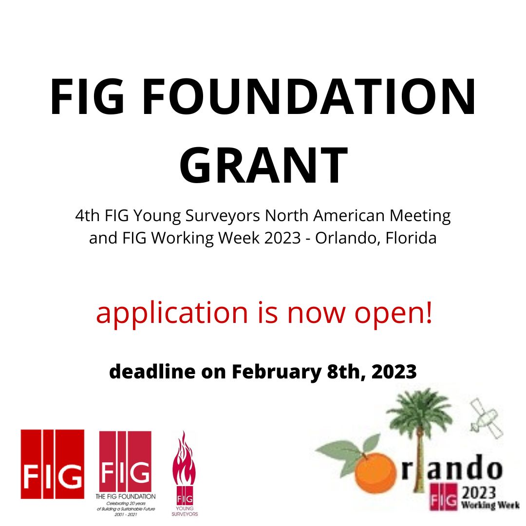 fig_young's tweet photo. Application for FIG Foundation Grants to attend 4th FIG Young Surveyors North American Meeting and FIG Working Week 2023 is open now!
To apply, please fill out the application form and submit all additional requirements before the deadline 8 February 2023. https://t.co/gBNe5k17wY https://t.co/vS5NNHQlyO