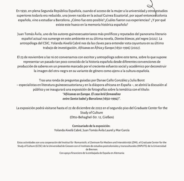 DiML_JLU's tweet photo. Morgen Nachmittag, um 16Uhr, „Guineoequatorianas a principios del siglo XX en España“ - Lesung mit Juan Tomás Ávila und Yolanda Aixelà Cabré @GCSC_JLU 17:30Uhr: Eröffnung zweisprachiger Ausstellung zum Thema mit kleinem Umtrunk https://t.co/ae6eGM8fSm