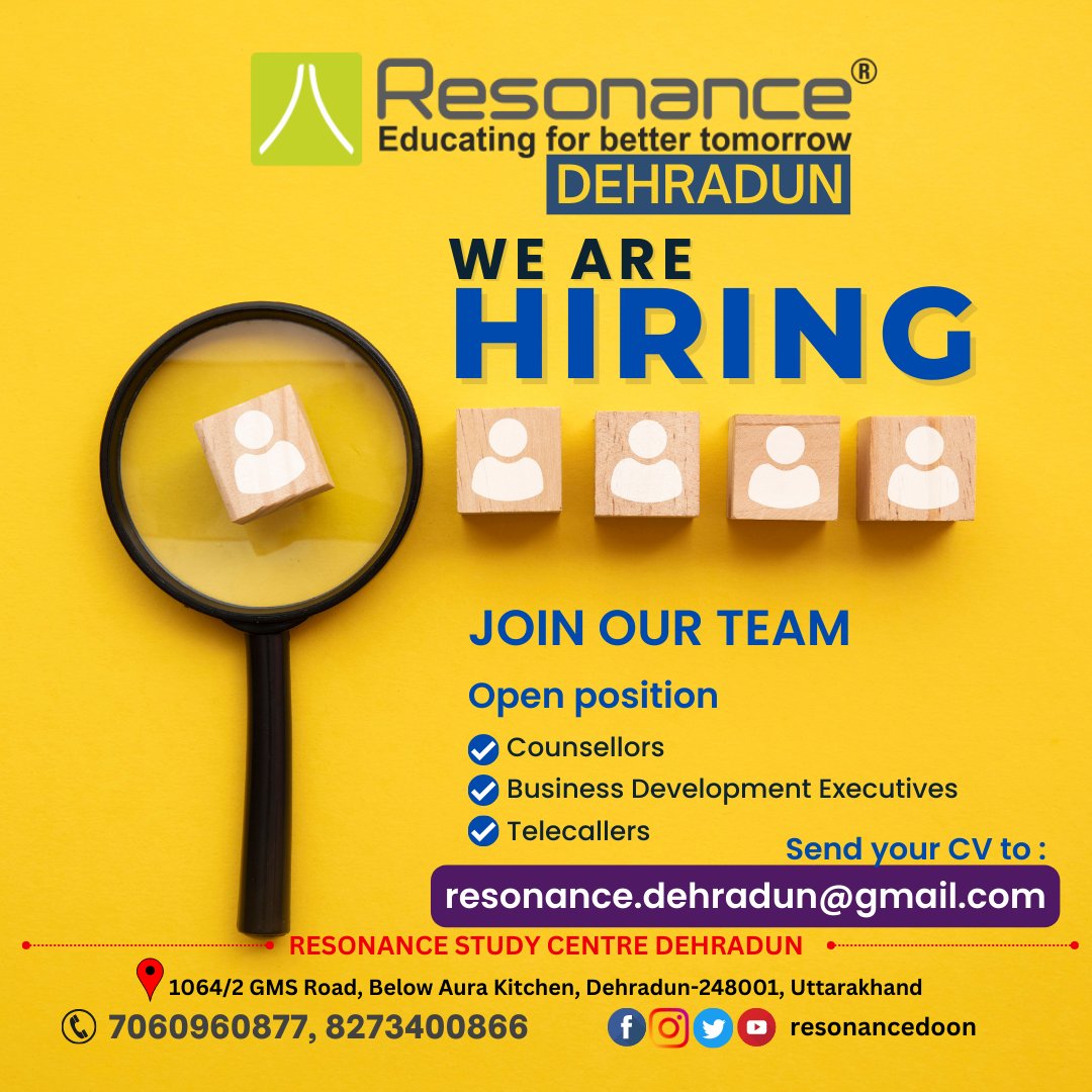 resonancedoon's tweet photo. We are #hiring  for the various posts in #resonanceinstitute  #Dehradun #Uttarakhand 
#Apply  with updated resume #NOW  and be a part of our #prestigious  #institution and team https://t.co/UBKTyOewQs