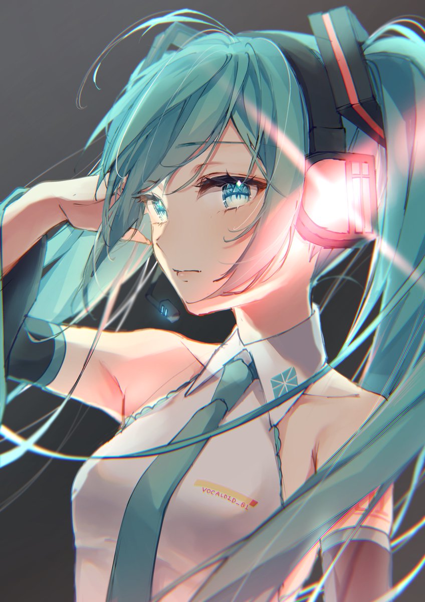 hatsune miku 1girl solo long hair twintails necktie detached sleeves upper body  illustration images