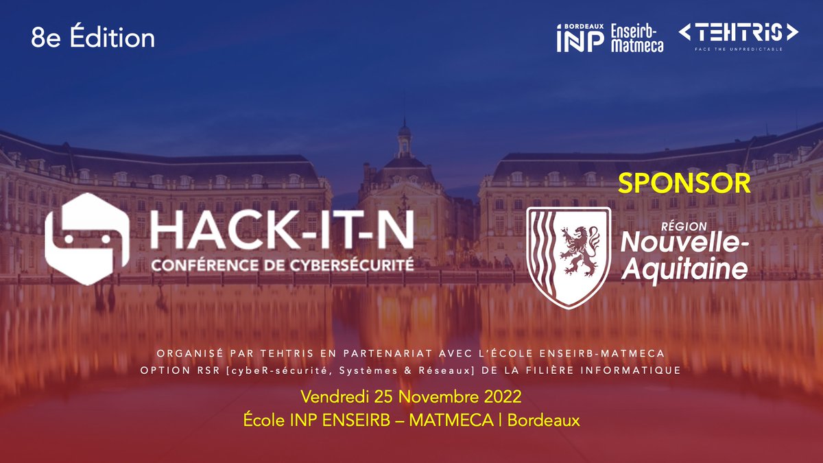 hack_it_n's tweet photo. [PARTENAIRE] La région @NvelleAquitaine est partenaire #HackItN ! 

Venez découvrir le Campus Régional de #cybersecurite le 25 Novembre 2022 à l'@ENSEIRBMATMECA !

@clusiraqui @ADI_N_A

👉 https://t.co/PFDRkSr4wC https://t.co/5wB0kYjboX