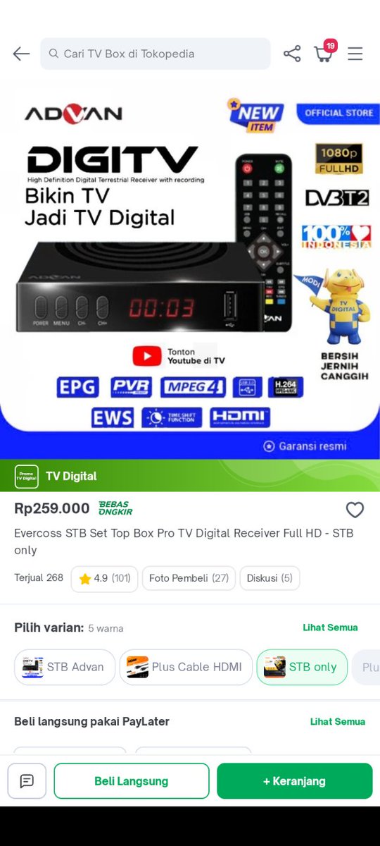 fndy_mr7's tweet photo. @tokopedia Ini inceranku min, udah masuk keranjang tapi belom co. Alasanku ngincer ini karena di rumah belum ada top box gini jadi belum bisa nonton siaran tv, alias tv di rumah nganggur. Jadi semoga bisa cepet kebeli biar emak bisa nonton tv lagi #SaldoKaget #SiaranTVDigital https://t.co/JYbsNuyobk