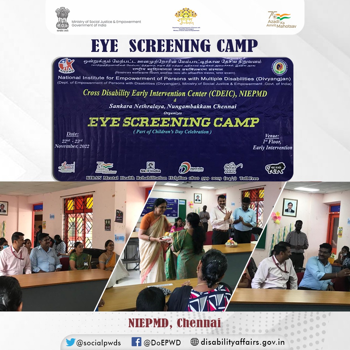 socialpwds's tweet photo. Eye screening camp was organised by @NIEPMD under DEPwD in association with Sankara Nerthuralaya, Chennai at NIEPMD on 22.11.22 #SashaktDivyang #SashaktBharat #AzadiKaAmritMahotsav #PMOIndia @Drvirendrakum13 @PIB_India @mygovindia https://t.co/oVZbSVneyr