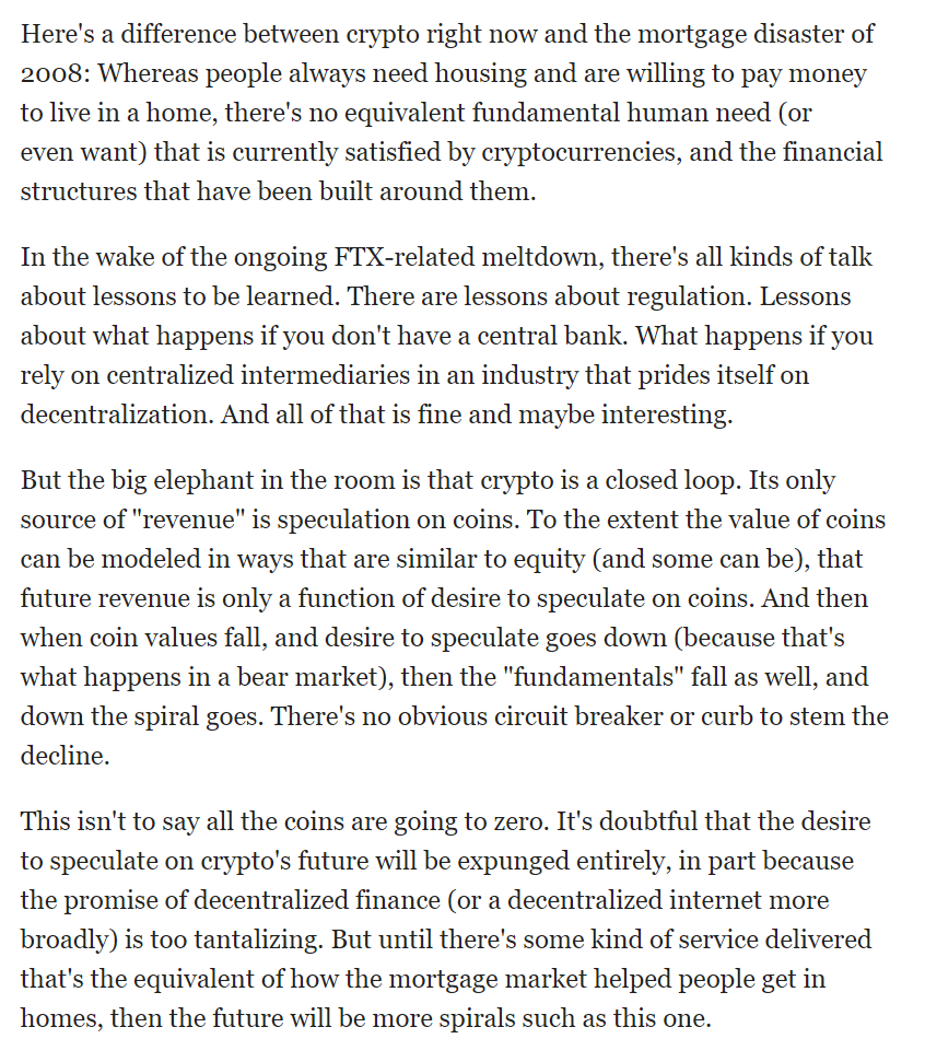 To me the huge difference between the crypto market meltdown and the mortgage meltdown of 2008 -- besides all the other big differences -- is that people actually needed housing

bloomberg.com/account/newsle…