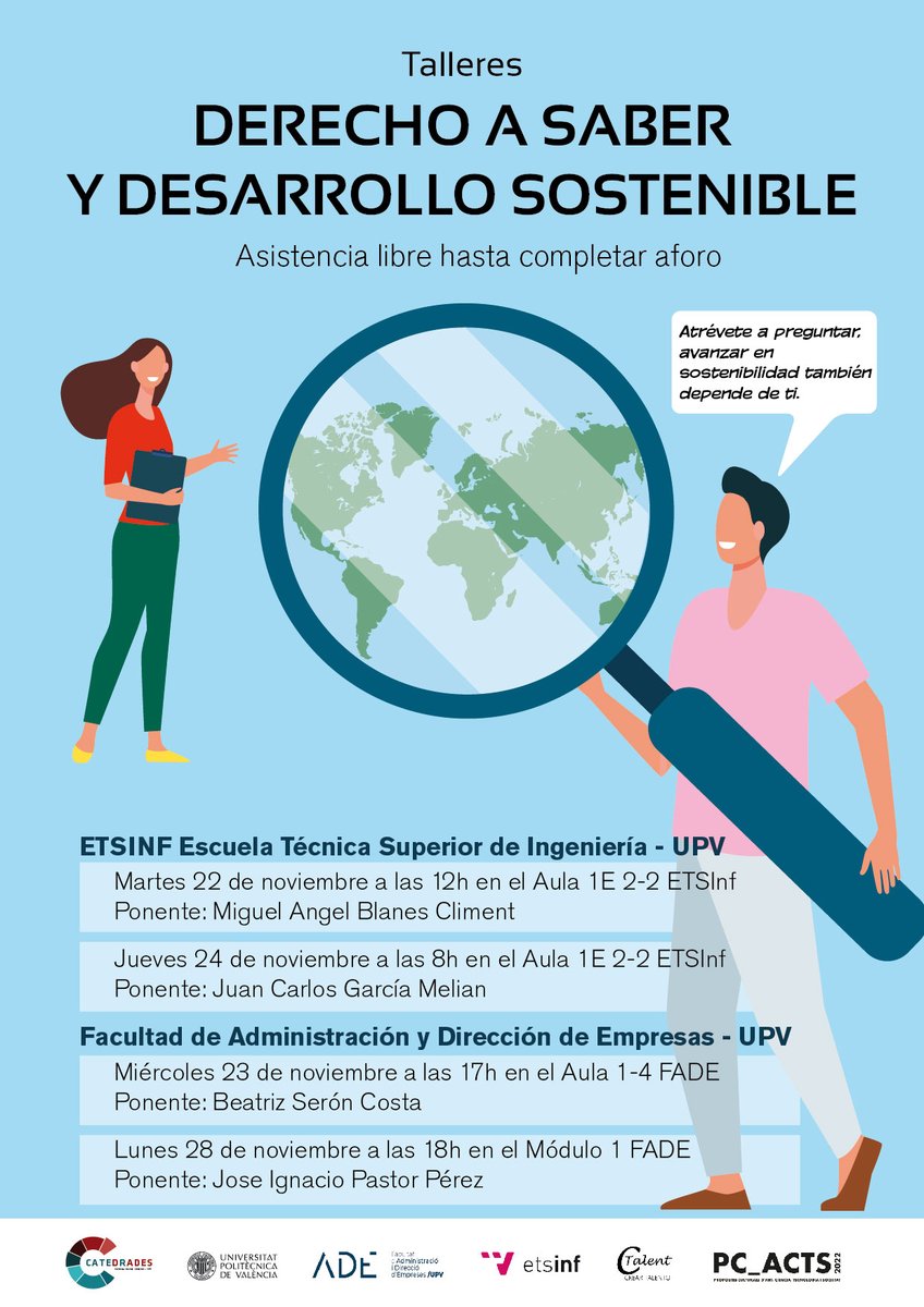 Talleres DERECHO A SABER Y DESARROLLO SOSTENIBLE
Atrévete a preguntar, avanzar en sostenibilidad también depende de ti.
PC_ACTS 2022
<a href="/etsinfupv/">ETSINF UPV</a>
<a href="/adeupv/">ADE UPV</a>
<a href="/UPV/">Universitat Politècnica de València</a>
#DadesObertes