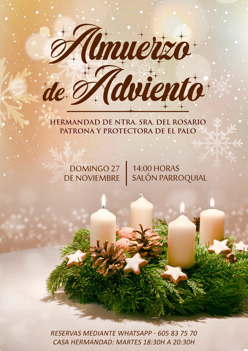 🔹 Hoy como cada martes, nuestra Hermandad permanecerá abierta para la atención personalizada a los hermanos/as y devotos/as de la Virgen del Rosario.

⌚ De 18:30h a 20:30h.

🍽 En el mismo horario puedes realizar la reserva para el tradicional almuerzo de adviento.