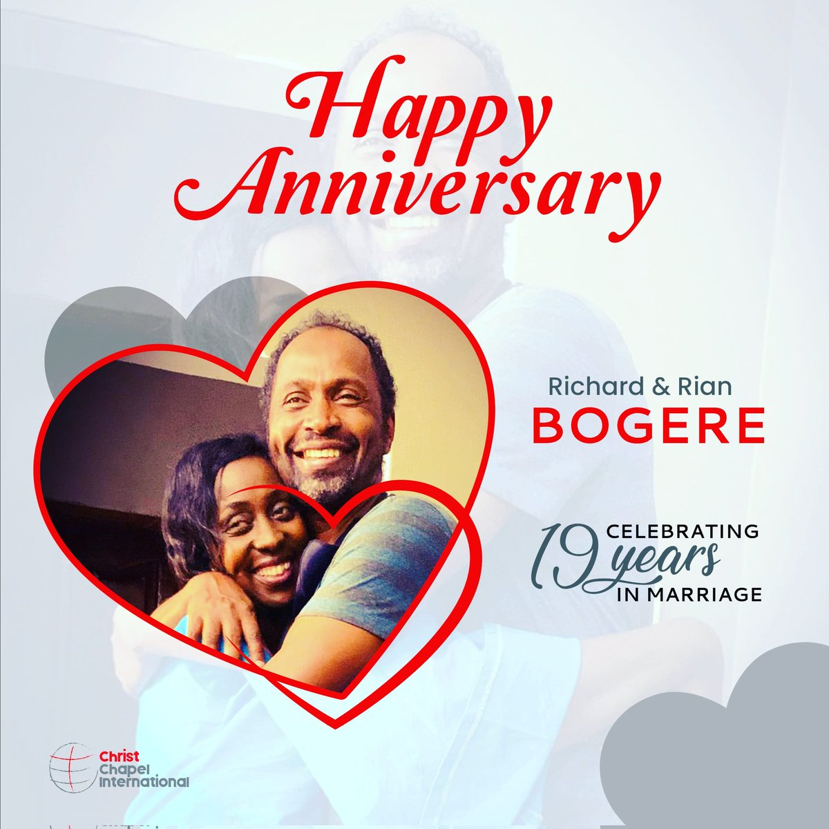 ChristChapelIn3's tweet photo. Happy anniversary to our Pastors and parents, Richard and Rian Bogere. 
To many more years in service to God in your marriage. As the Christ Chapel International family, we love and celebrate you ❤️ @RianBogere https://t.co/iZTwD2gveP