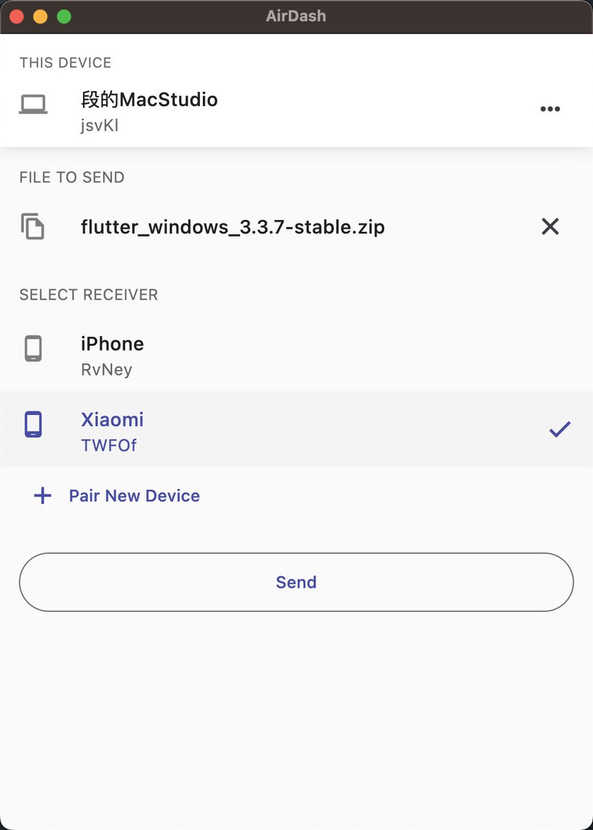 Just found a cool app #airdash, airdash-project.web.app If you want to transfer files between all platforms, you should try it, yeah, using flutter-webrtc data-channel, <a href="/simongbengtsson/">Simon Bengtsson</a> created it.👍