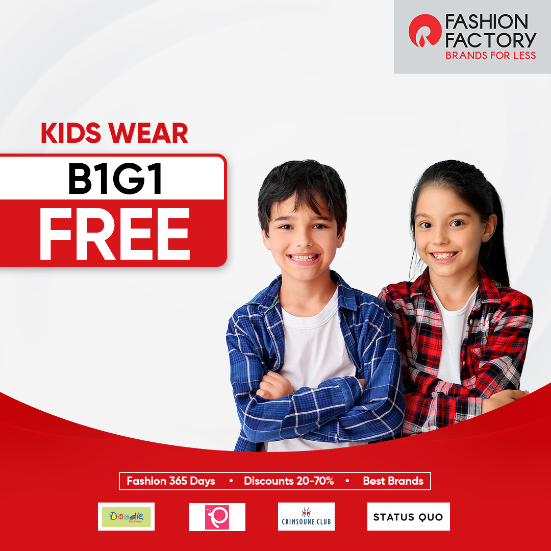 FashionF_IND's tweet photo. Treat your little ones with comfy fashion. Shop at our B1G1 offer for kidswear. Now at Fashion Factory outlets near you.
#FashionFactory #BlockBusterDeals #B1G1 #Buy1Get1Free #KidsFashion #KidsWear #BestBrands #Discount365Days #Deals #Discounts #Offers #Brands #Style #Fashion https://t.co/4HTZmYl2BZ