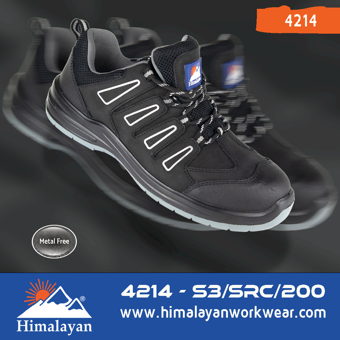 The new #Himalayan #4214 is a great spec trainer/shoe. 
> Composite toe cap/anti-penetration midsole
> Strong Black natural suede upper
> S3/SRC
> Four tie lace system
> Reflective detailing to sides
> Lightweight
> PU/PU outsole rated at 200oC
himalayanworkwear.com