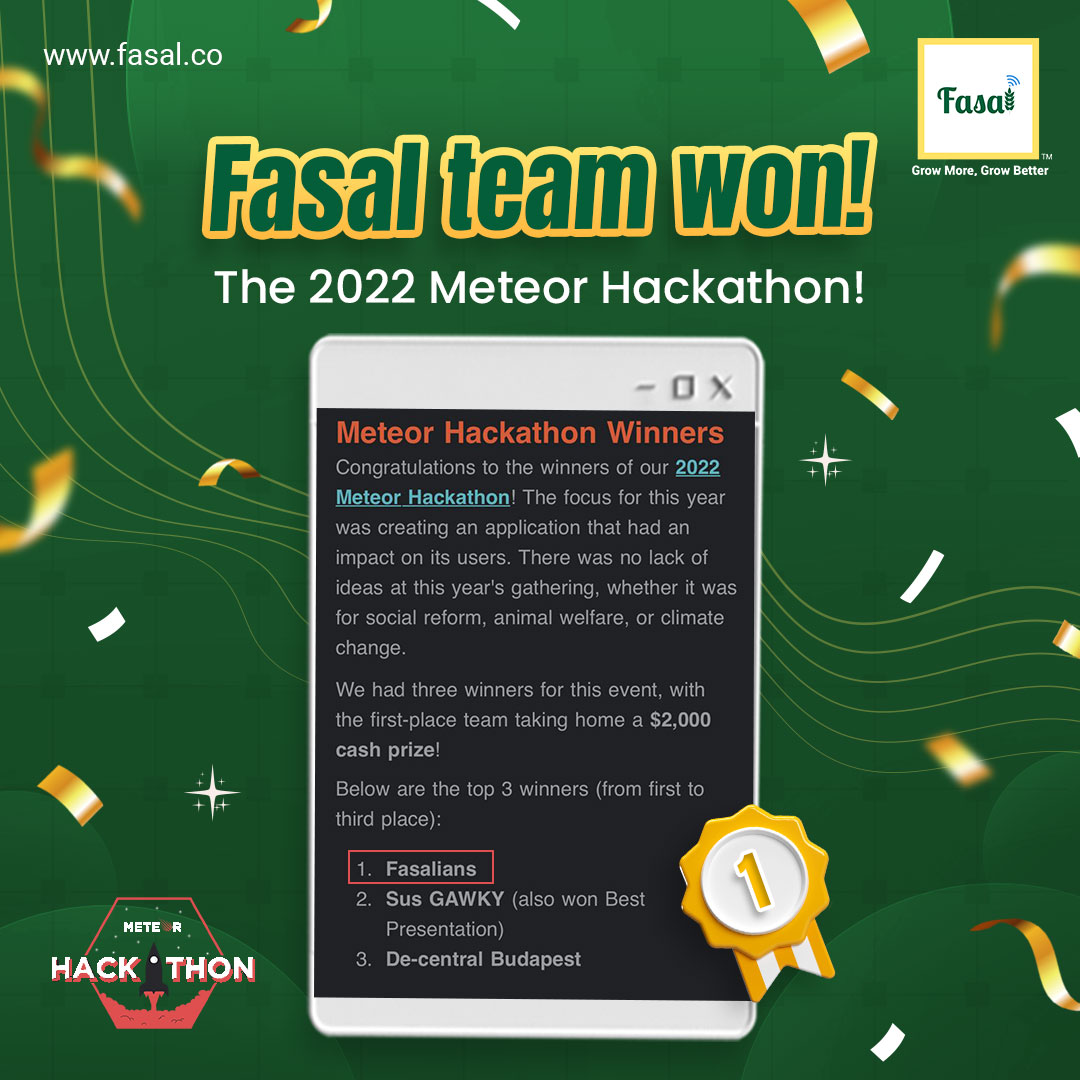 FasalOfficial's tweet image. We are glad to announce that team Fasal has won 1st prize at the 2022 Meteor Hackathon!

A big congratulations to our team who made us all proud!

#fasal #teamcollaboration #hackathon2022 #meteorhackathon