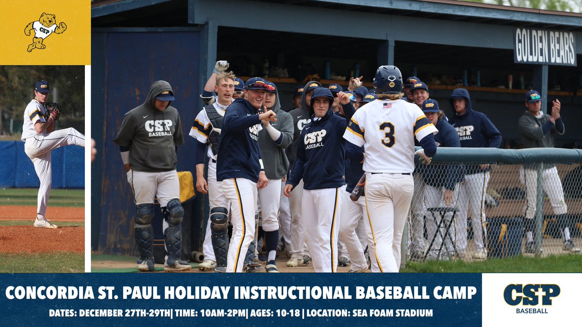 What: Concordia-St. Paul Baseball Holiday Camp
Who: Ages 10-to-18 (Grades 4-12)
When: December 27, 28, 29 from 10am to 2pm (check-in 9:30)
Where: Concordia Dome at Sea Foam Stadium (indoors, on turf)
Why: Continued development 
Cost: $150
Registration: concordiastpaulbaseballcamps.com