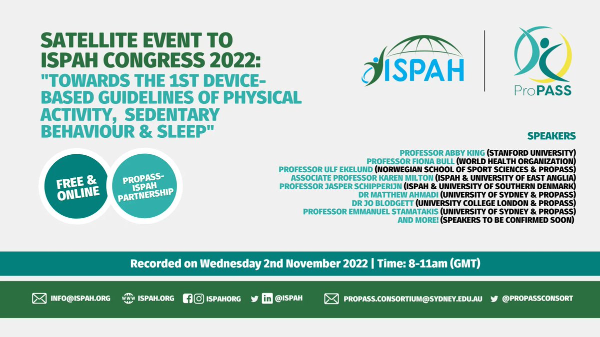 ISPAH (@ispah) on Twitter photo 📢Don't miss the free ISPAH/ProPASS <a href="/ProPASSconsort/">ProPASS Consortium</a> webinar titled: "Towards the 1st device-based guidelines of physical activity, sedentary behaviour & sleep!"
🔗ispah.org/resources/free…
#physicalactivity #physicalinactivity #sleep 📢Don't miss the free ISPAH/ProPASS <a href="/ProPASSconsort/">ProPASS Consortium</a> webinar titled: "Towards the 1st device-based guidelines of physical activity, sedentary behaviour & sleep!"
🔗ispah.org/resources/free…
#physicalactivity #physicalinactivity #sleep