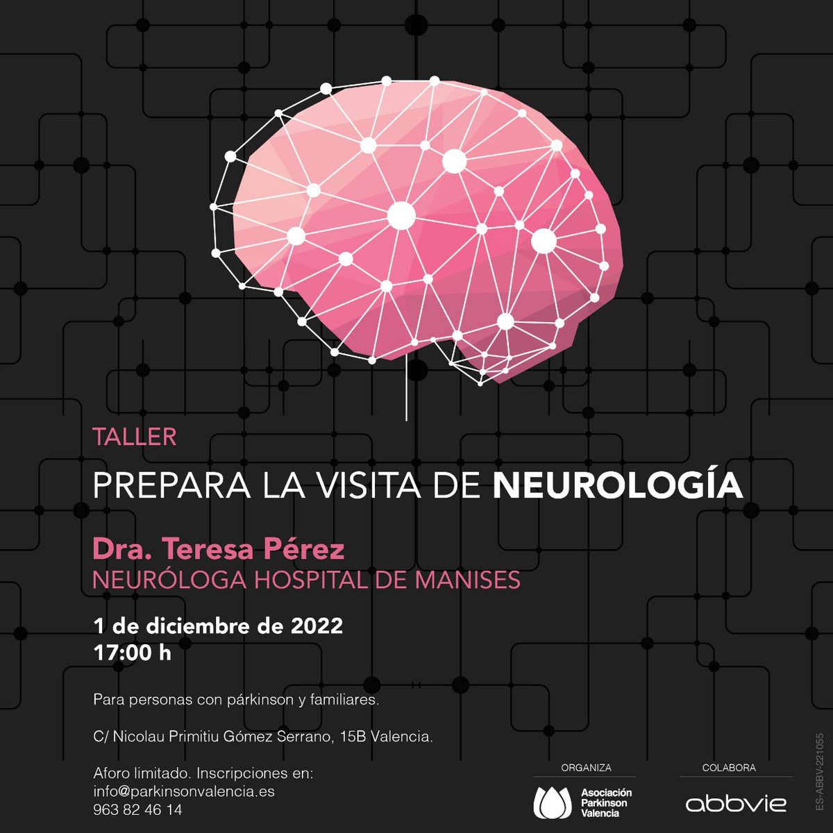 GVASalutManises's tweet photo. El próximo 1 de diciembre, la Dra. Pérez Saldaña, referente en #Parkinson del Servicio de Neurología del Hospital de Manises imparte el taller "Prepara la visita de Neurología" en @ParkinsonVLC Aforo limitado, inscripción info@parkinsonvalencia.es #ManisesMeCuida #TalentoManises https://t.co/Nq1pgSRGCv