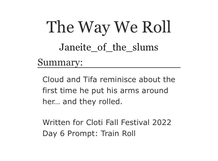 Janeiteofthesl1's tweet photo. The quick, last-minute entry for Cloti Week almost hit 3,000 words. Enjoy! (Rated M)

https://t.co/3vXxii6J1D

#ClotiFallFestival2022 #ClotiWeek2022 #IconicCloti #Cloti
#CloudStrife #TifaLockhart #FFVII https://t.co/Wb3j9HMdZJ