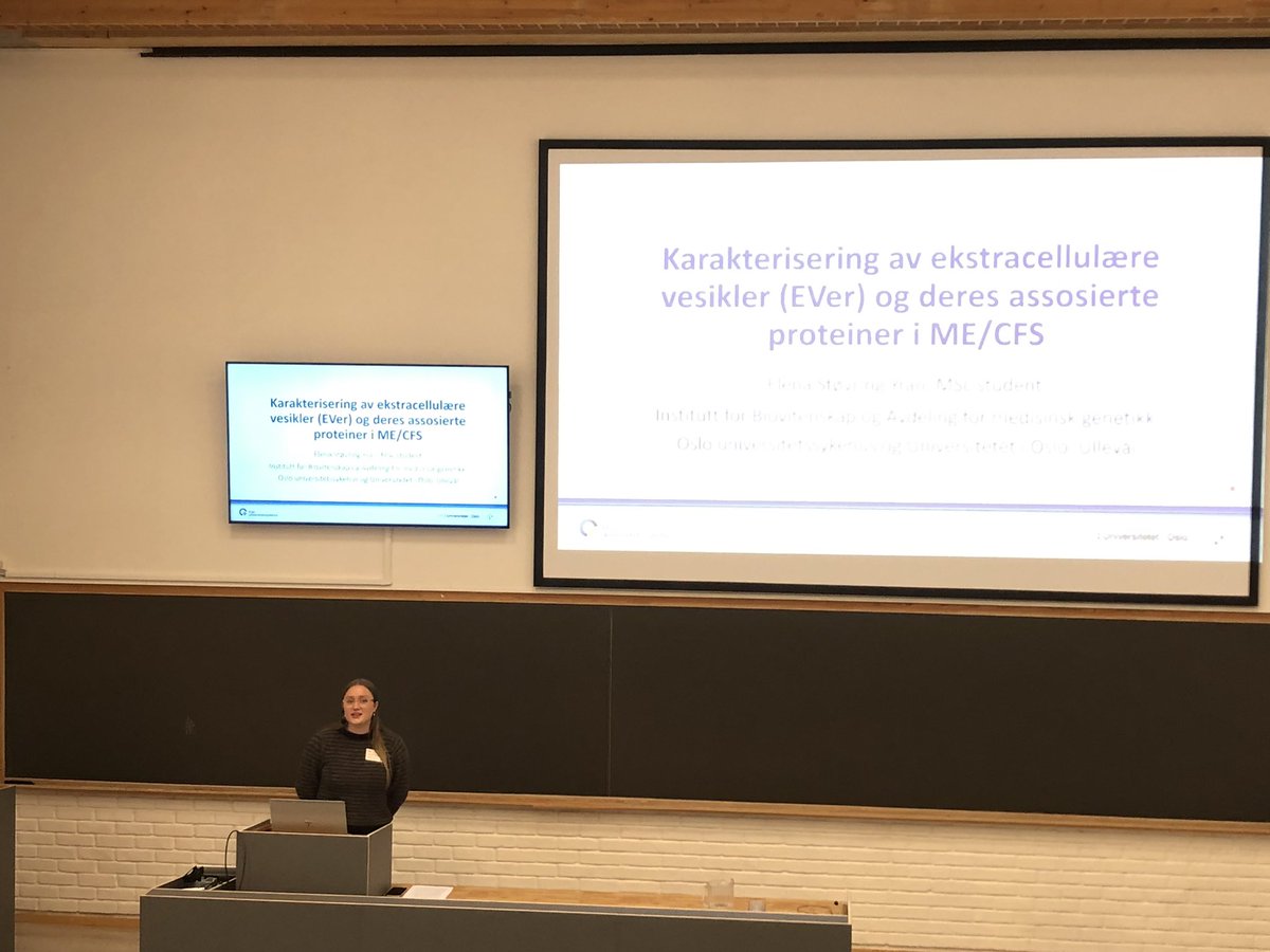 Excellent talk by our master student Elena Støvring Yran on extracellular vesicles in #MECFS at todays Norwegian CFS/ME research conference. Thank you to <a href="/MEforeningen/">Norges ME-forening</a>,  @Folkehelseinst og Nasjonal kompetansetjeneste for CFS/ME arranging this interesting and diverse meeting.