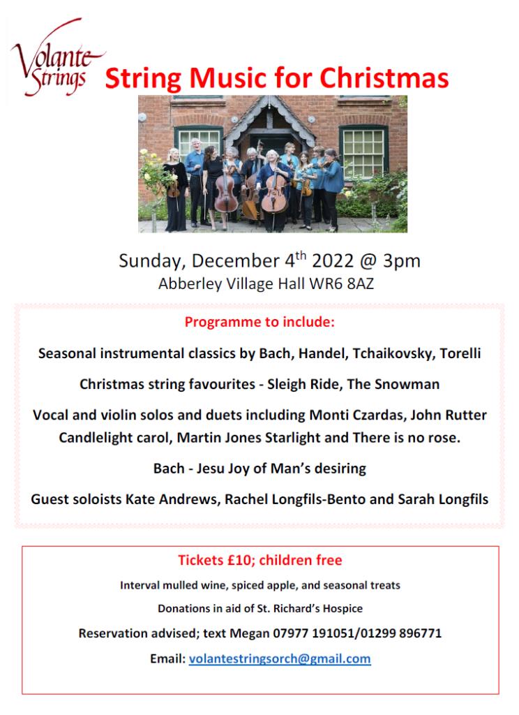 VolanteStrings's tweet photo. Concert alert! Here's our next concert - full of Christmas musical cheer for all the family. See you on 4th December @3pm in Abberley https://t.co/i3M2kKfhKP