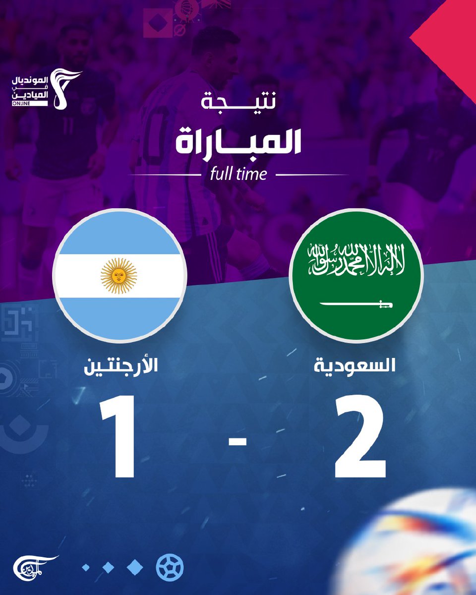أولى مفاجآت #كأس_العالم_قطر_2022  #السعودية تتغلب على #الأرجنتين بنتيجة 2-1  
 
#المونديال_في_الميادين  
#مونديال_قطر_2022  
#كأس_العالم_2022 
#ميدان_المونديال  
#WorldCup2022 
 #Qatar2022