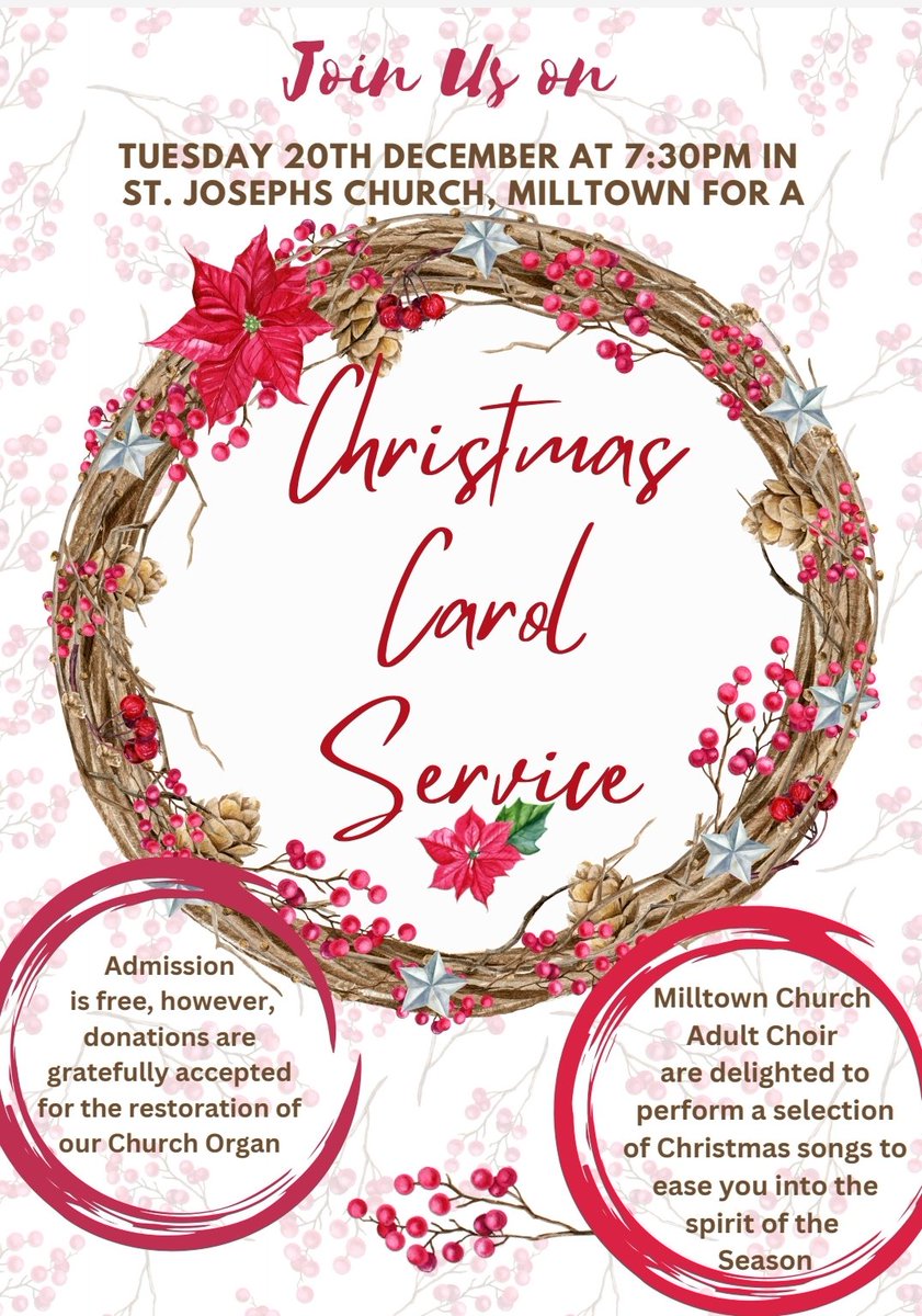 milltown_galway's tweet photo. St. Josephs Church here in Milltown has 4 wonderfully talented choirs and their Adult Choir is performing a Christmas Carol Service on Tuesday 20th Dec. At 7.30pm so mark it on your calendar. Admission is free but if you would like to donate to the Church Organ restoration fund https://t.co/nH7d29OkrM